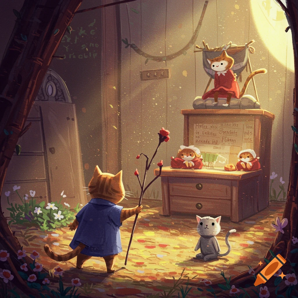 Painting of cats in a whimsical room, one holding a stick.