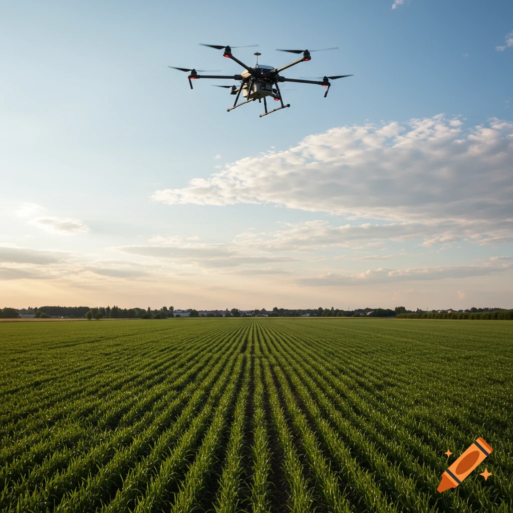 Large agriculture drone flying over a green field at sunset.