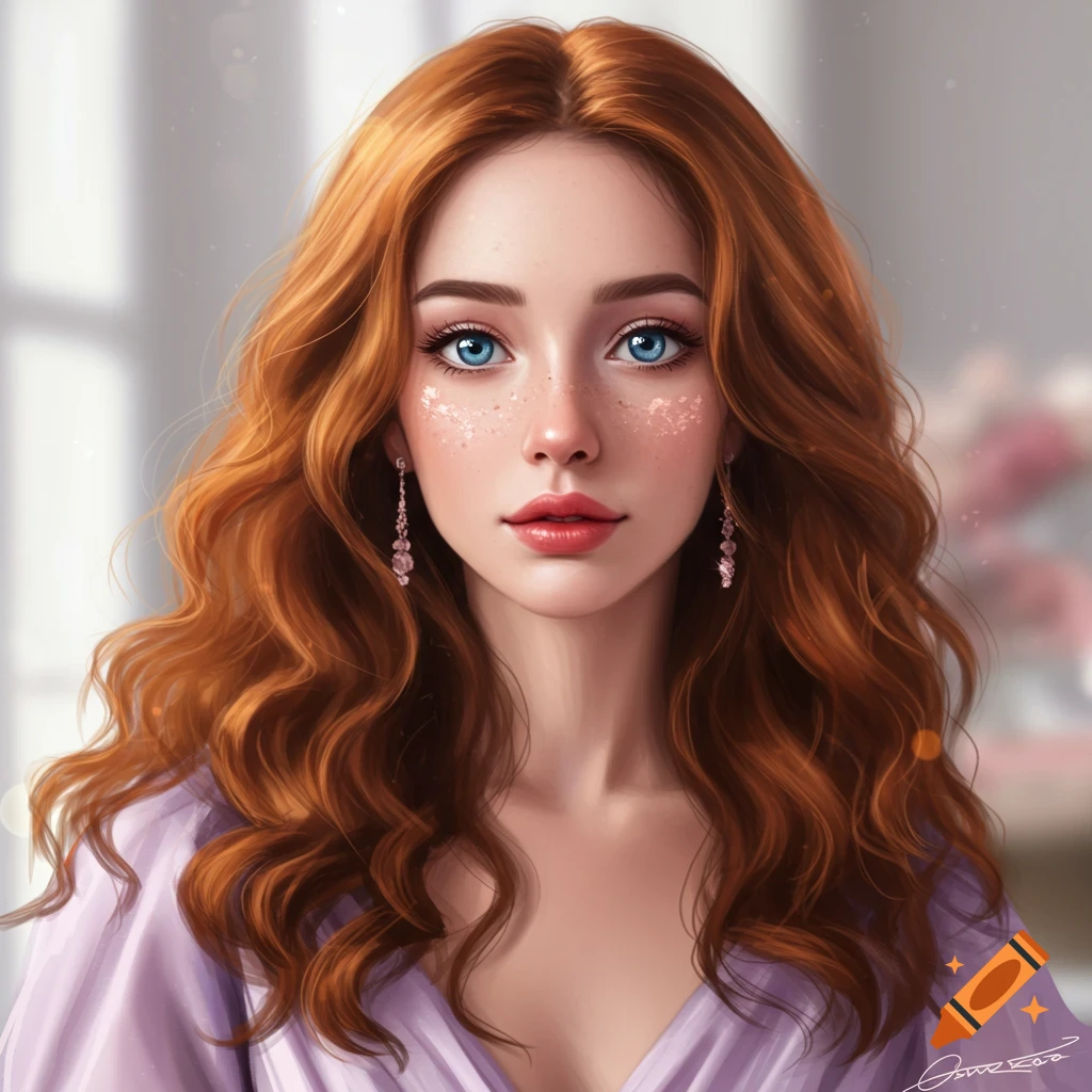 A woman with red hair, blue eyes, and freckles wearing a purple dress.
