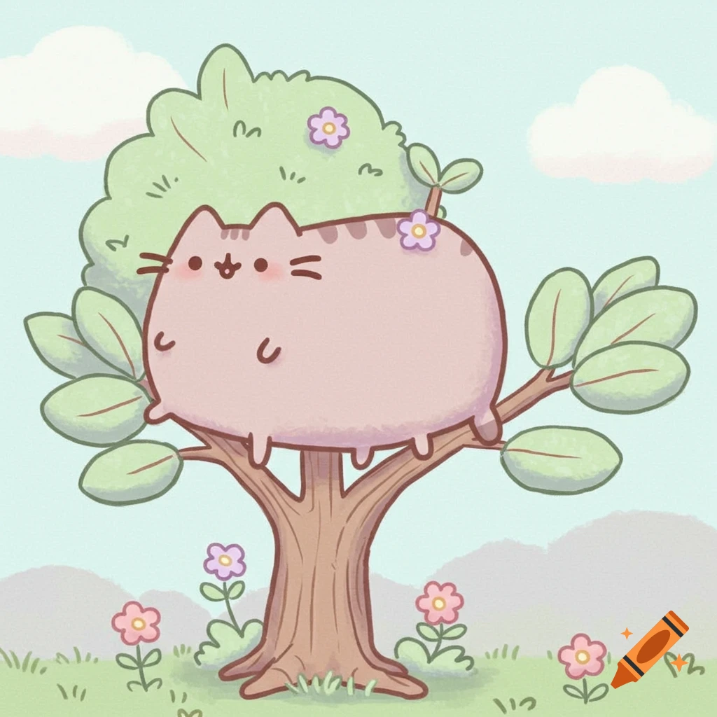Cartoon Pusheen cat sits on a tree branch in a field with flowers.