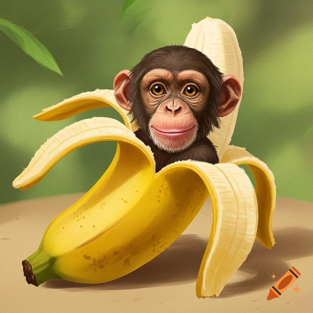A baby chimpanzee peeking out of a peeled banana.