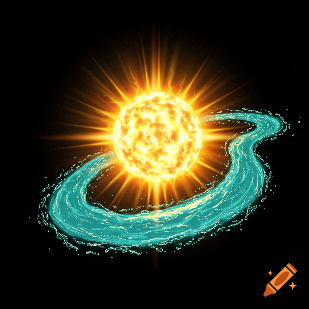 A stylized sun with a luminous river of water wrapping around it against a black background.