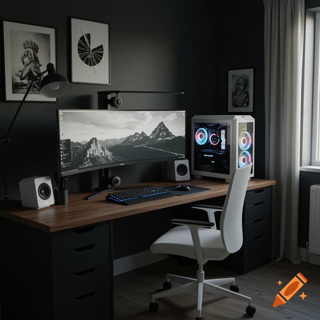 Modern home office setup with computer, monitor, speakers, and chair.