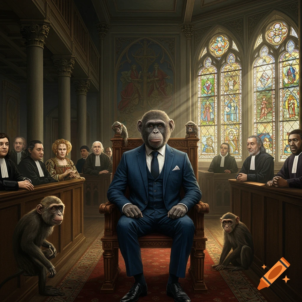 A chimpanzee in a suit sits on a chair in a courtroom with human and chimpanzee figures.
