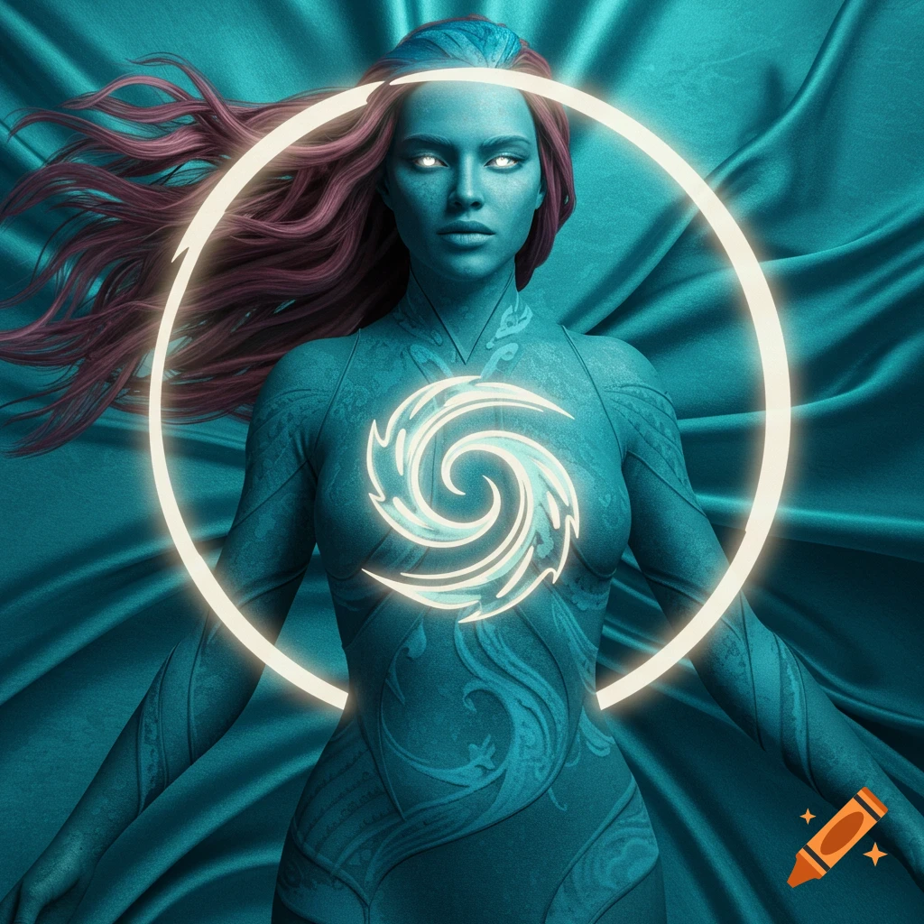 A stylized female figure with glowing eyes, flowing hair, and a glowing symbol on her chest, with a bright ring around her head.