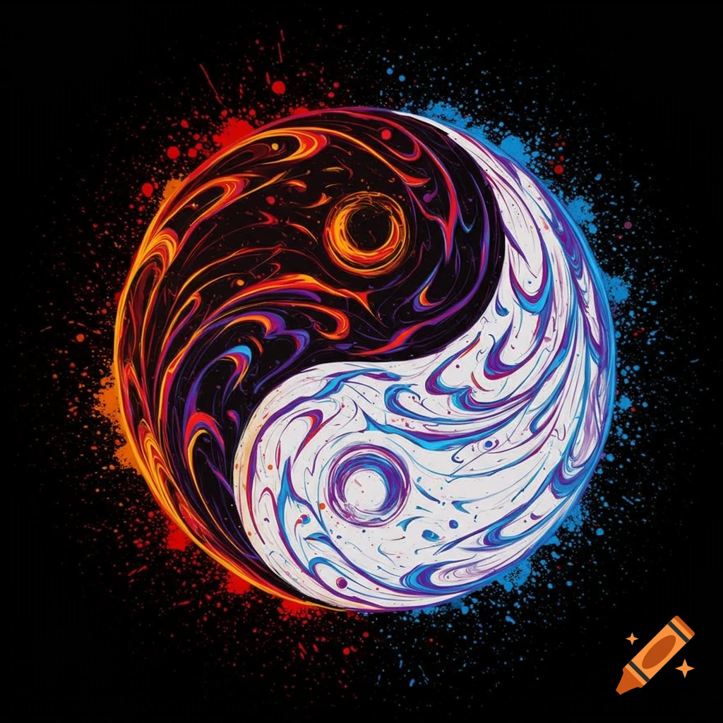 Ornate yin yang symbol with colorful swirls and paint splatters on black background