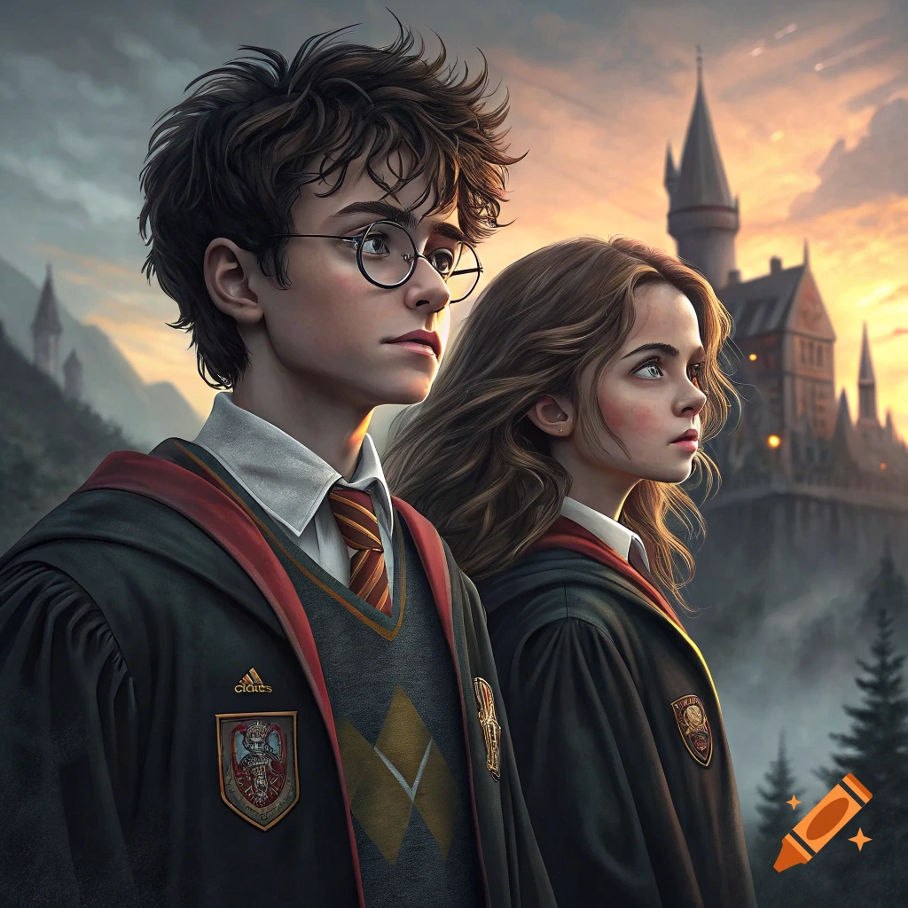 Two young people resembling Harry Potter and Hermione Granger stand in wizard robes looking into the distance with a castle in the background at sunset.