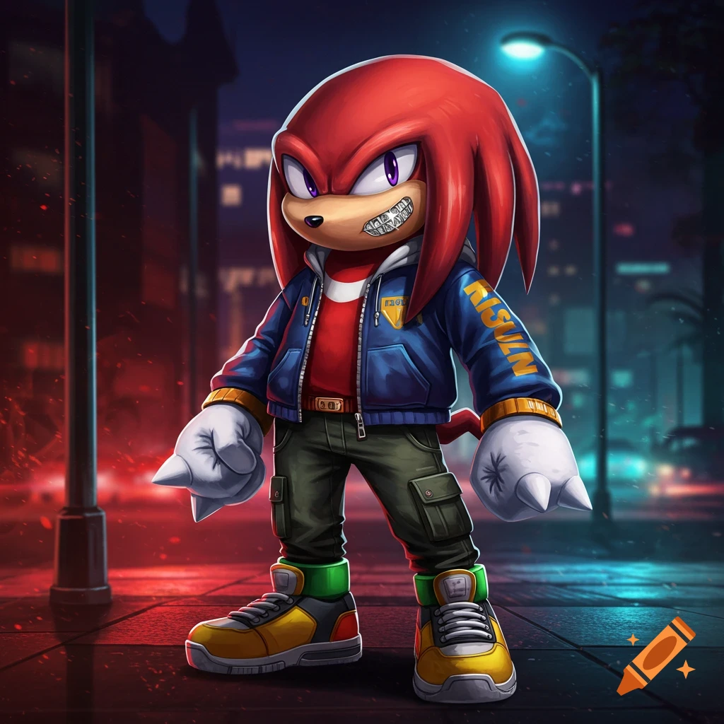 Knuckles from Sonic wearing streetwear in an urban street at night.