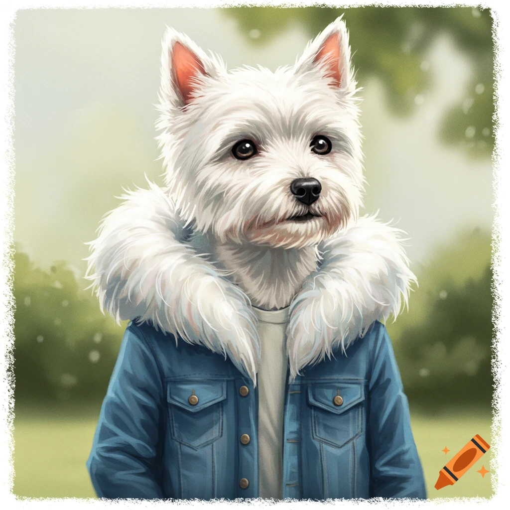 A white Westie dog is wearing a denim jacket with a furry collar
