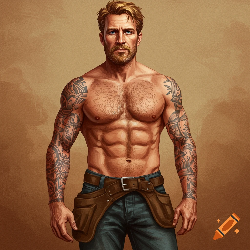 A muscular man with a beard and full-sleeve tattoos stands wearing a tool belt.