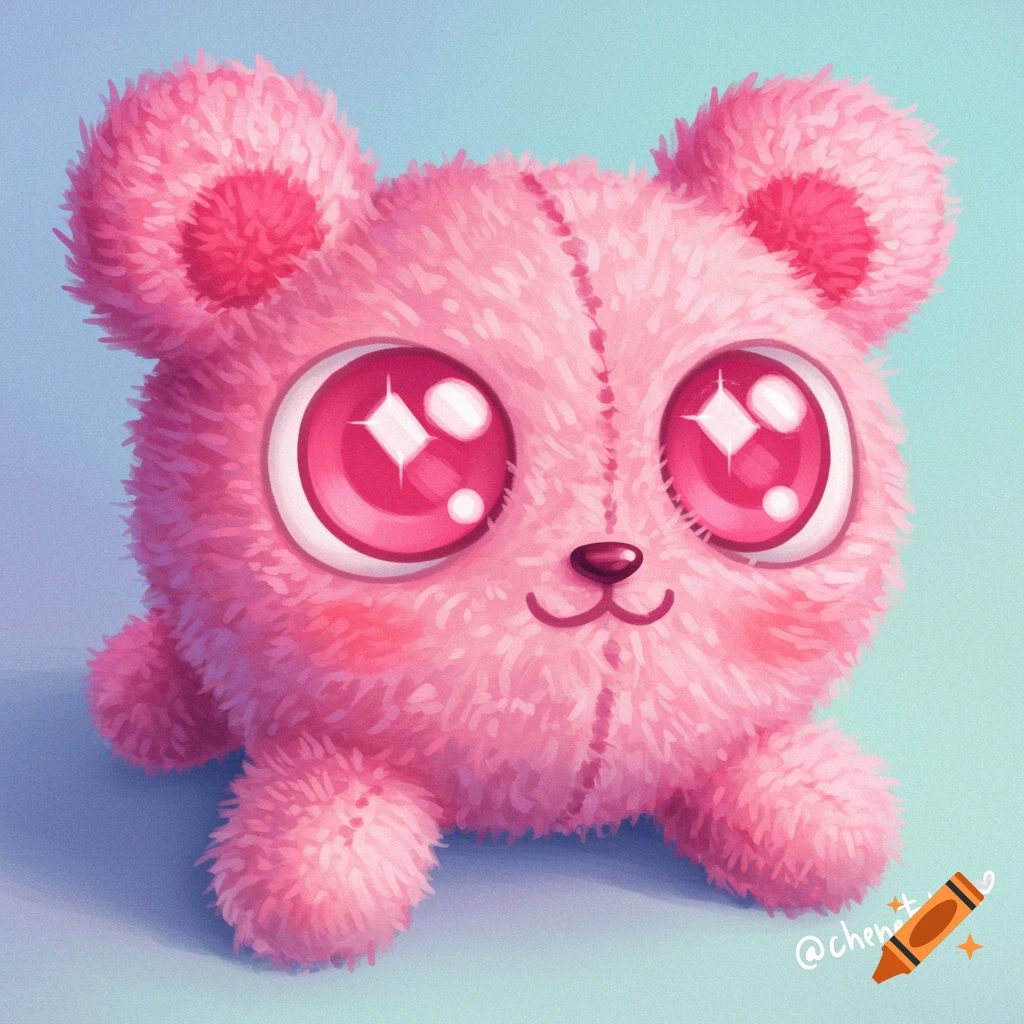 A cute pink fluffy plush toy with large sparkling eyes.