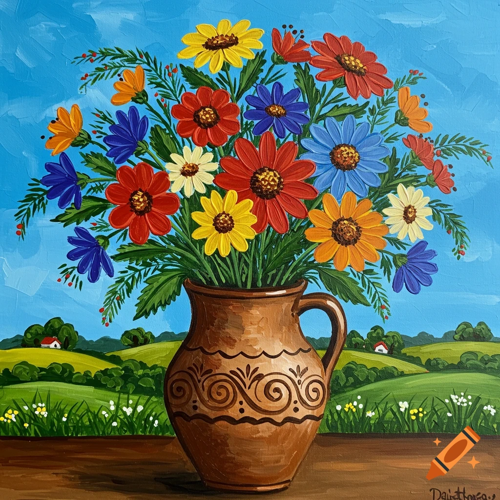 Colorful folk art painting of flowers in a vase on a table with a landscape background.
