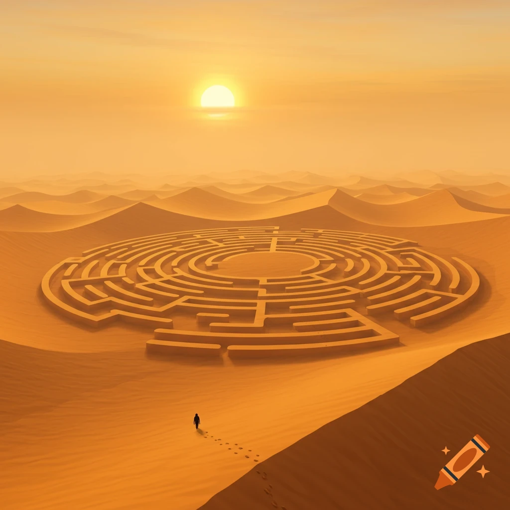 A vast circular labyrinth sits in a desert landscape under a bright sun, with a small figure walking towards it.