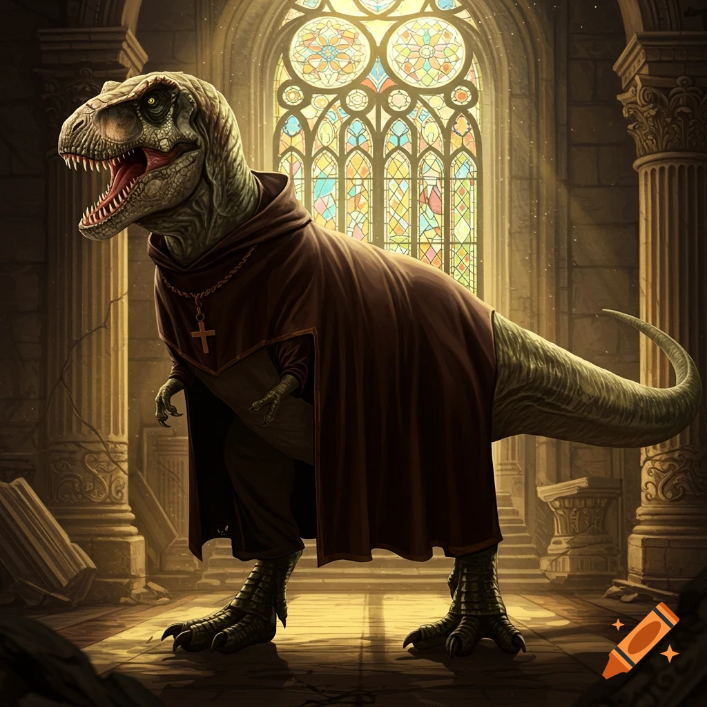 A T-Rex in a monk's cassock and cross necklace standing in a church with stained glass windows.
