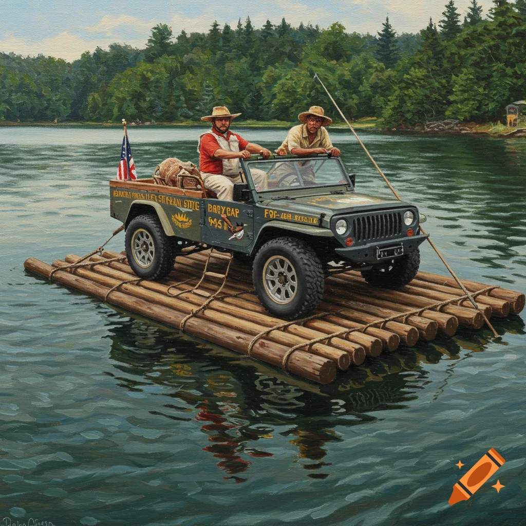 An oil painting of two men in a Jeep on a raft floating on a lake, surrounded by trees.