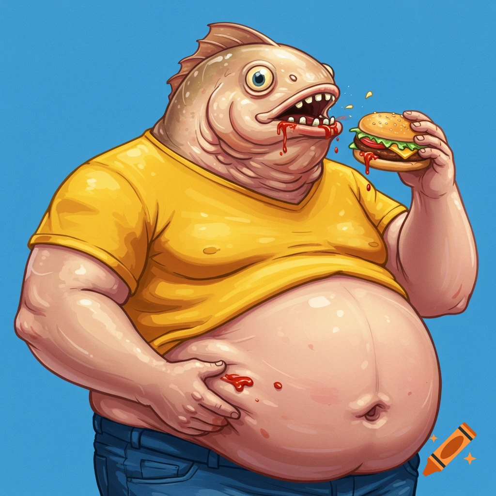A fat fish-headed man in a yellow shirt eating a burger.