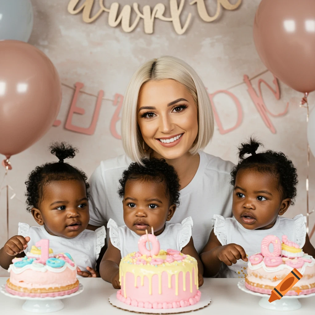 Mother and three babies pose with birthday cakes and balloons.