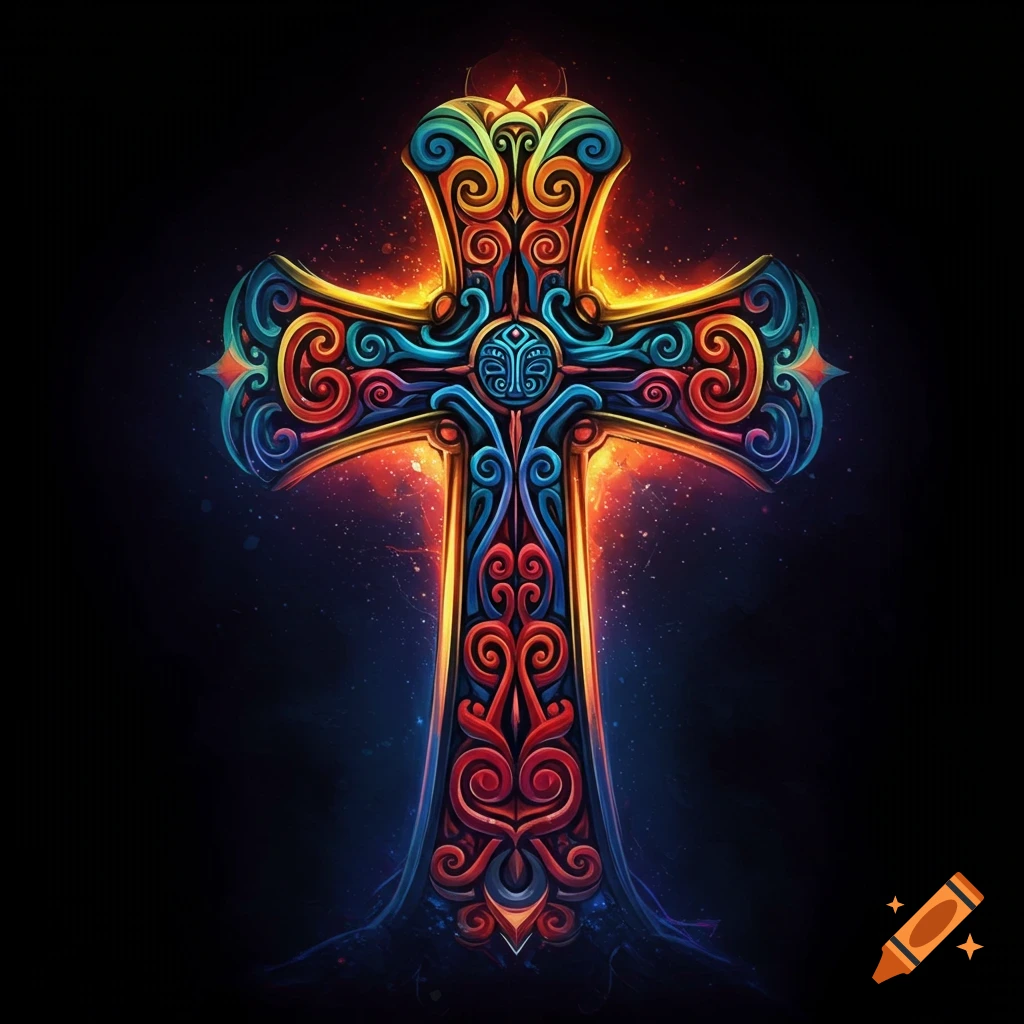 A colorful tribal cross against a dark starry background.