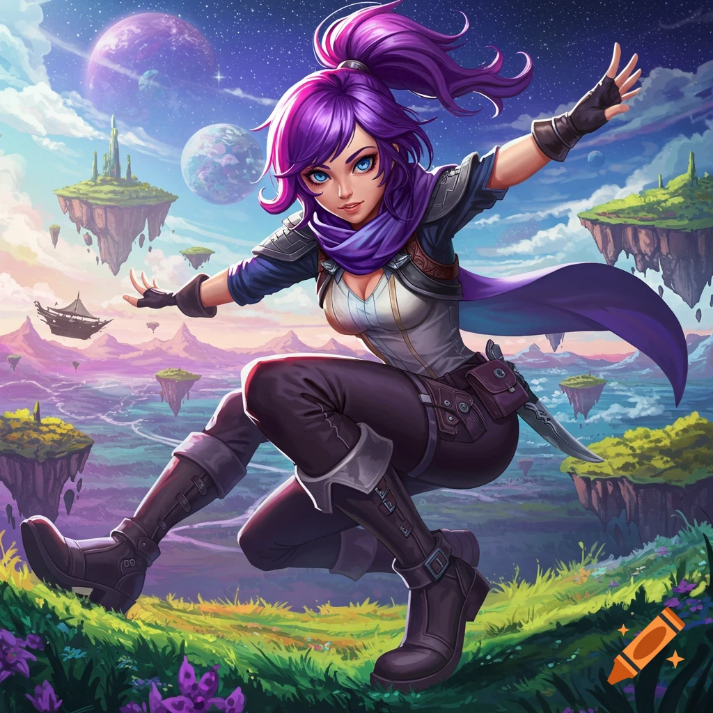A purple-haired character leaps in a fantasy world of floating islands.