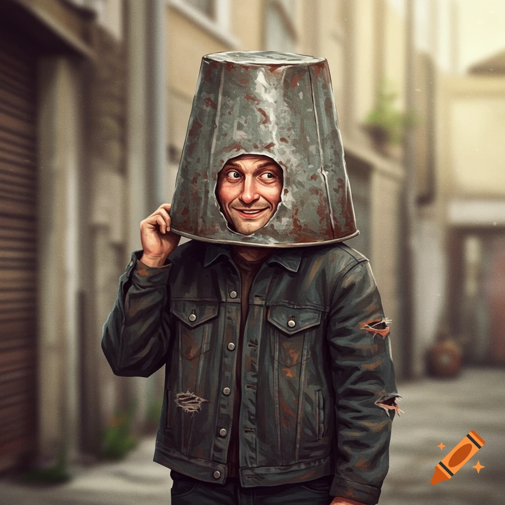 A man with a metal bucket on his head looks out through a hole.