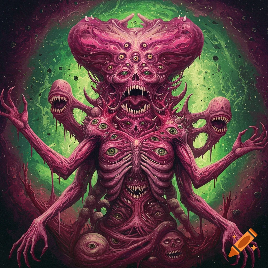 A grotesque monster with many eyes, mouths, and limbs.