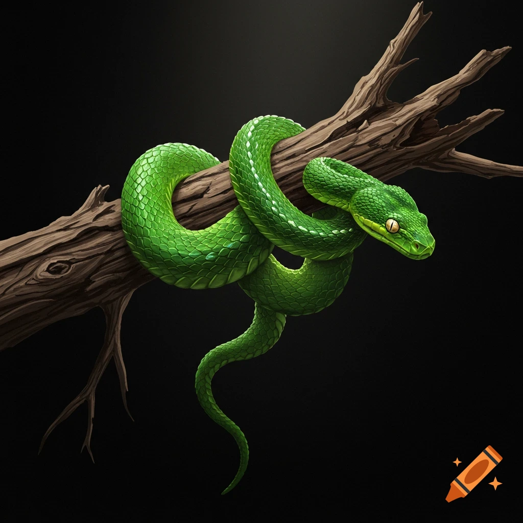 Green snake wrapped around a gnarled tree branch against a black background.