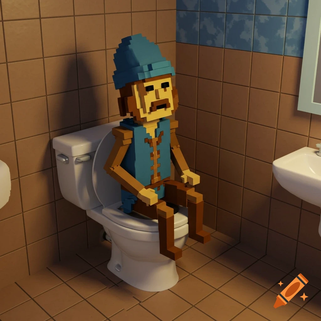 Voxel art character sitting on a toilet in a bathroom.