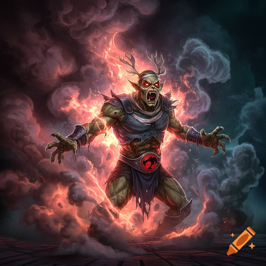 Mumm-Ra from Thundercats transforming, surrounded by epic smoke and magic surge.