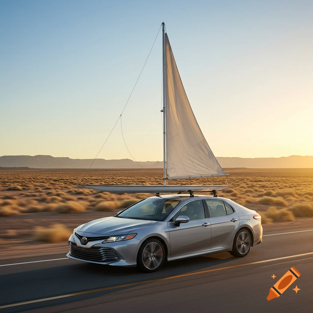A silver Toyota Camry with a sailboat mast and sail on the roof drives through a desert landscape at sunset.