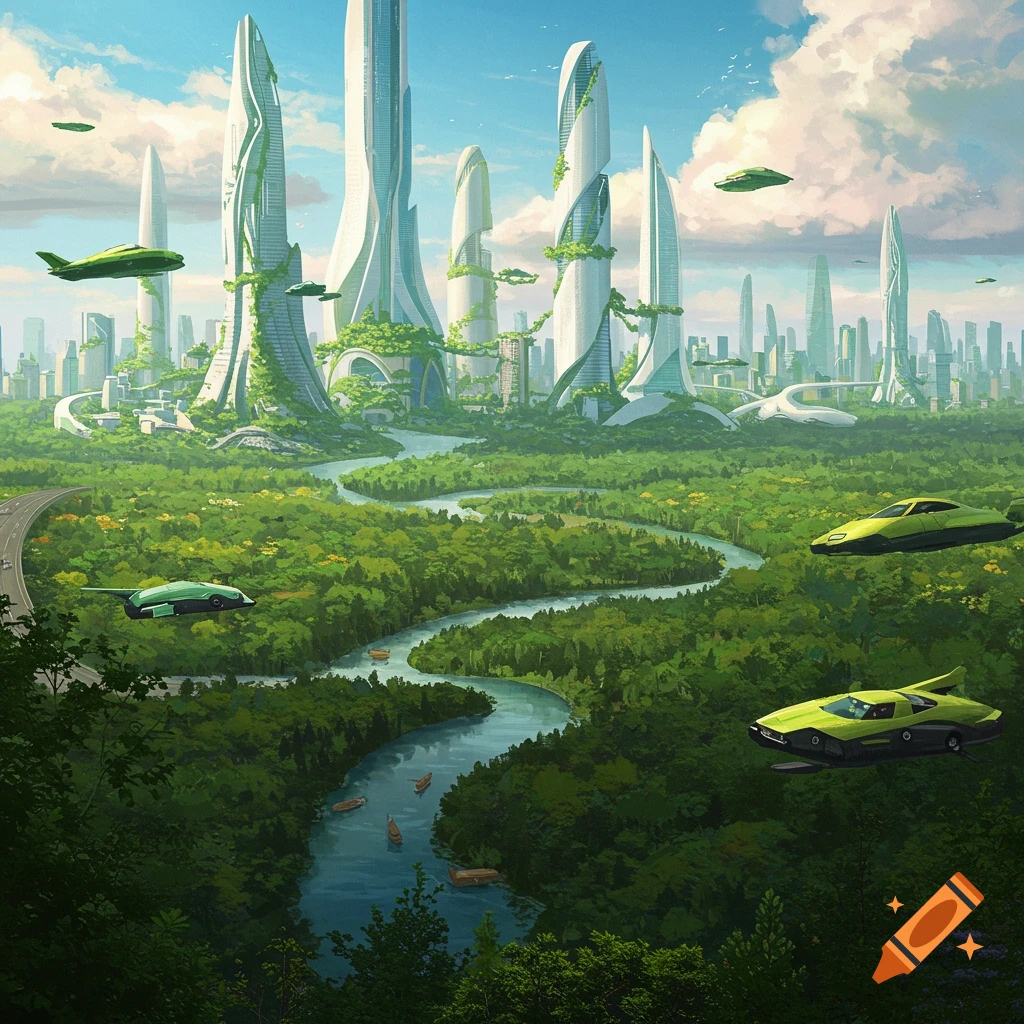 A futuristic city with tall green buildings, a river, forests, and floating vehicles.