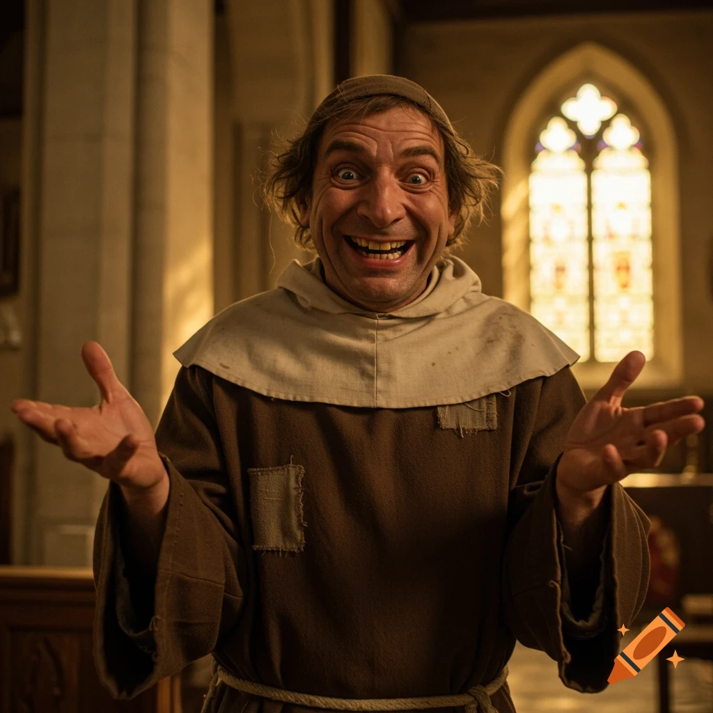 A man in a monk's robe makes a funny, excited face with wide eyes and outstretched hands inside a church.
