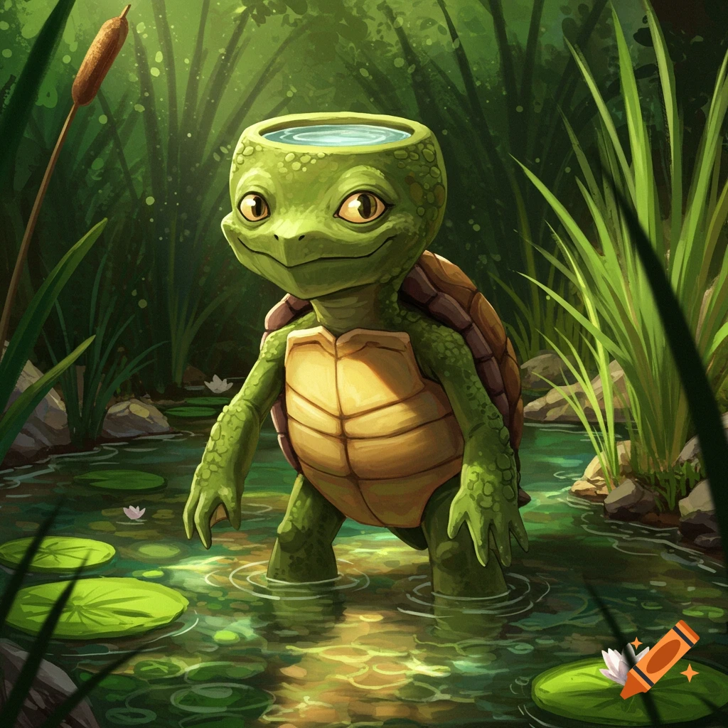 Cartoon kappa turtle standing in a pond with lily pads.