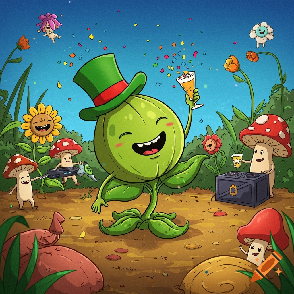 Cartoon sprout with top hat partying with mushroom and flower characters in a garden.