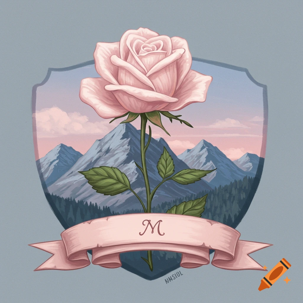 A pink rose over a shield with mountains and forest, and a ribbon with an M.