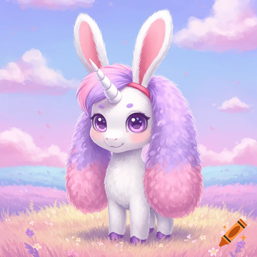 A cute white unicorn with long pink and purple bunny ears stands in a pastel field under a cloudy sky.