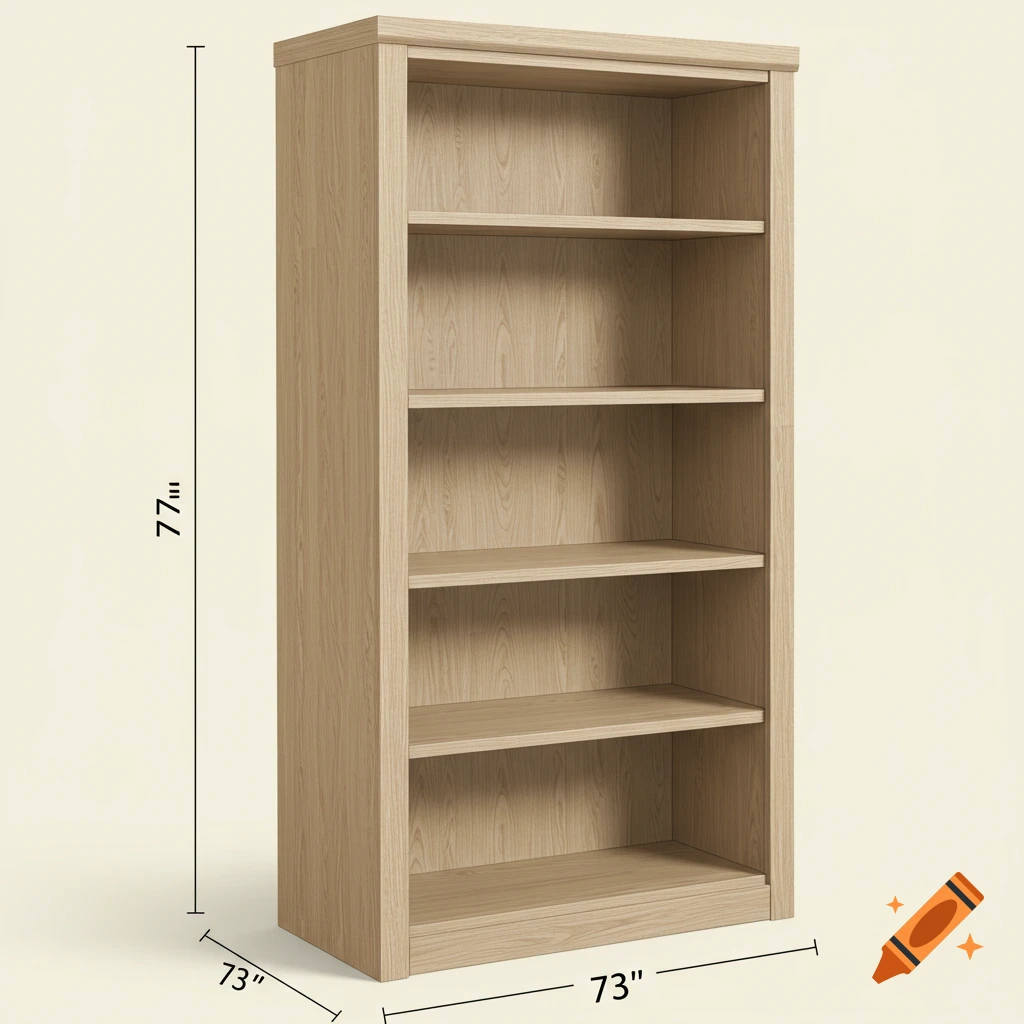 Light wood bookshelf with dimension labels.