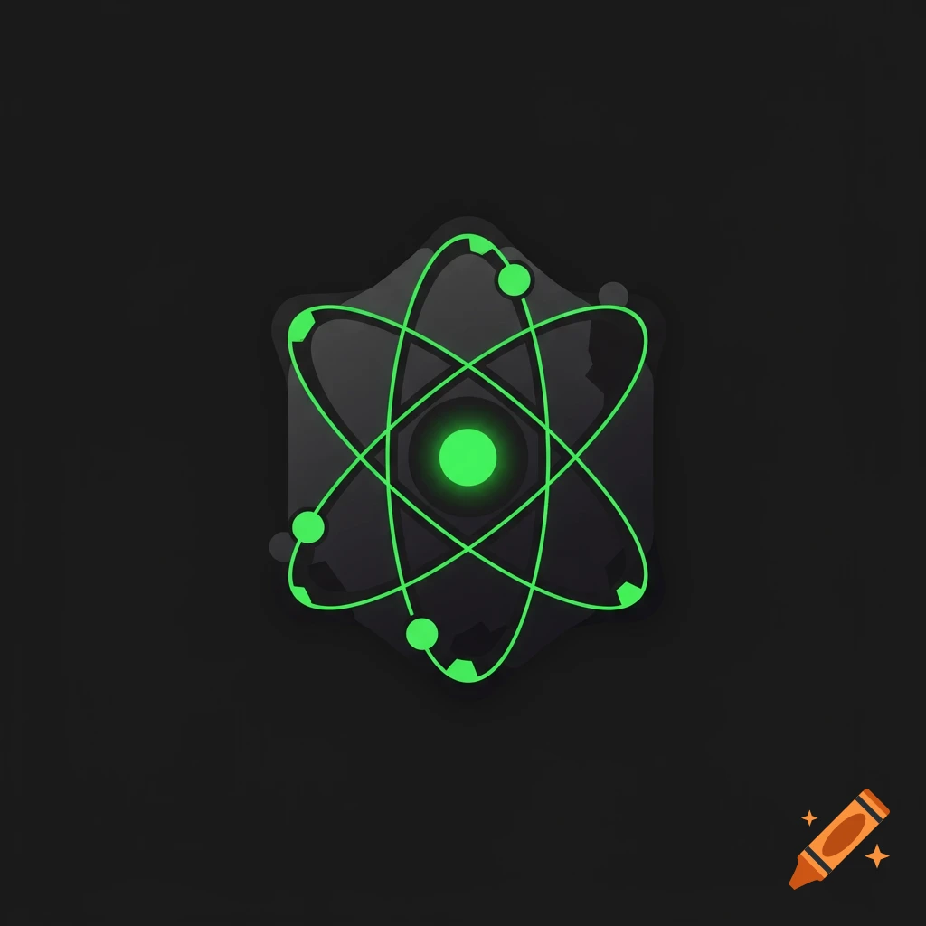A stylized atomic symbol with a glowing green core and electron paths orbiting a dark gray hexagon.