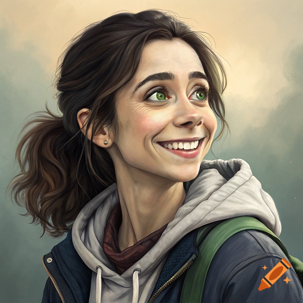 Smiling woman with green eyes in a hoodie and backpack, illustrated portrait.