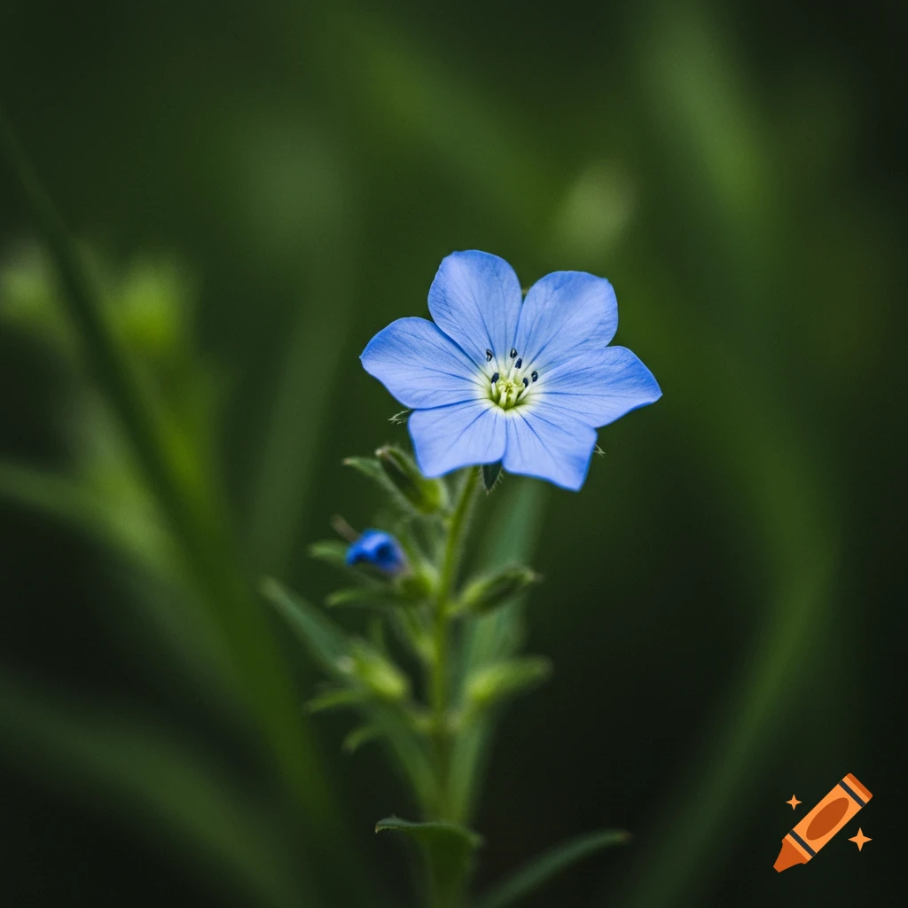 A close-up photo of a single blue flower on a stem against a dark green background.