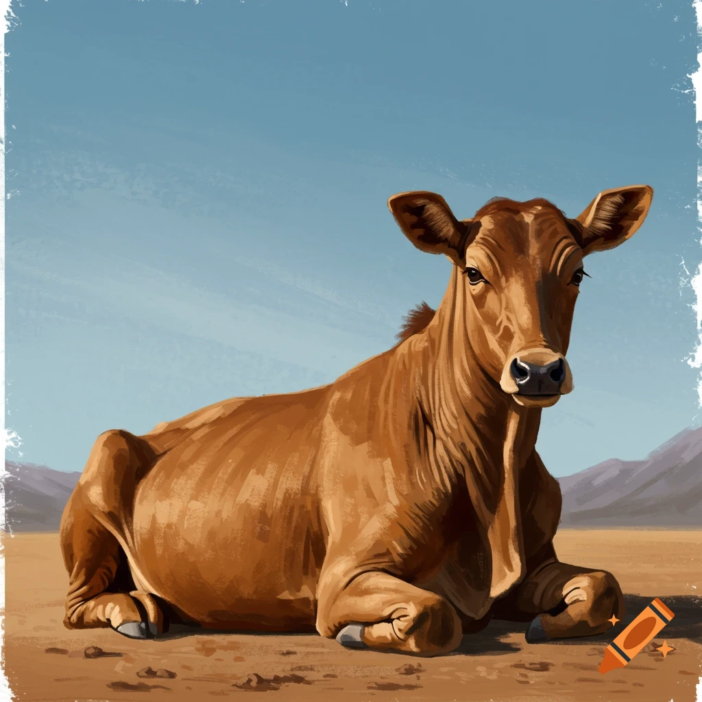 A brown cow lies down in a field.