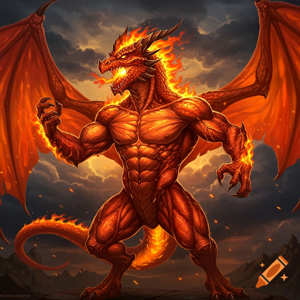 Muscular fire dragon breathing fire against a stormy sky