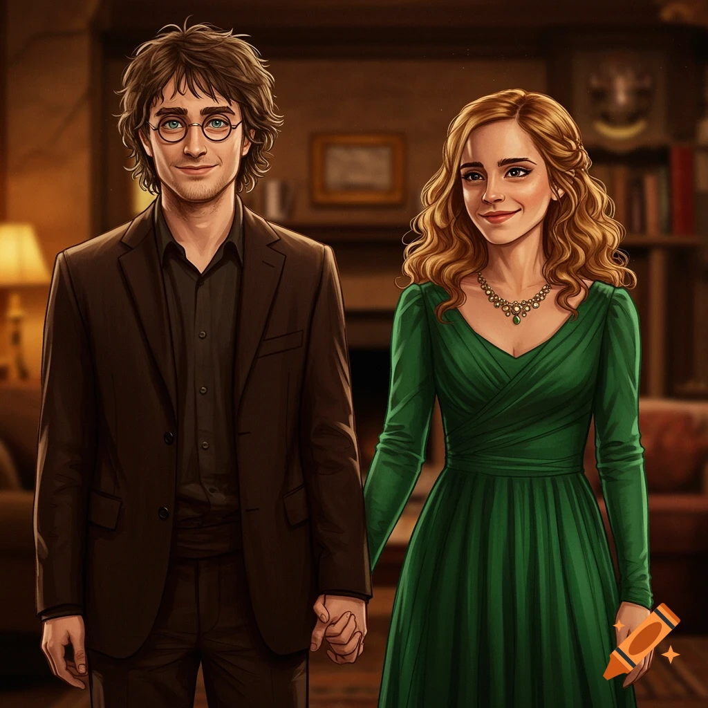 A couple resembling Harry Potter and Hermione Granger holding hands in a cozy living room.