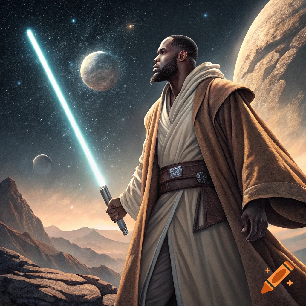 LeBron James as a Jedi knight with a lightsaber on an alien planet under a starry sky.