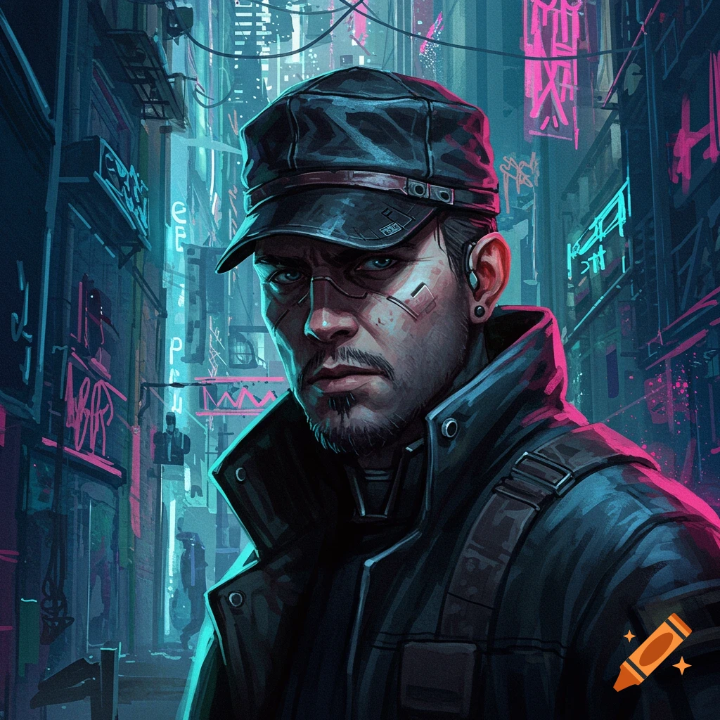 A man in a cap and coat is in a neon-lit cyberpunk city alley.