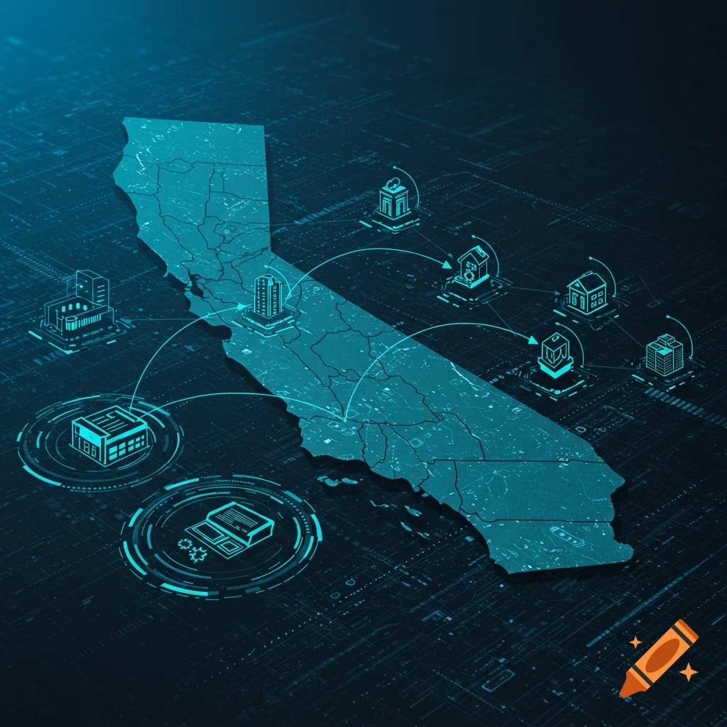 Digital map outline of California with futuristic buildings connected by data lines on a circuit board background.