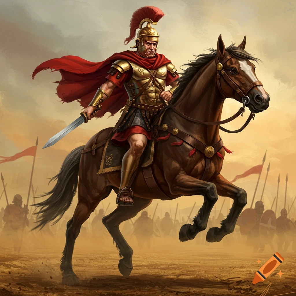 A Roman soldier on a horse in a battle scene.