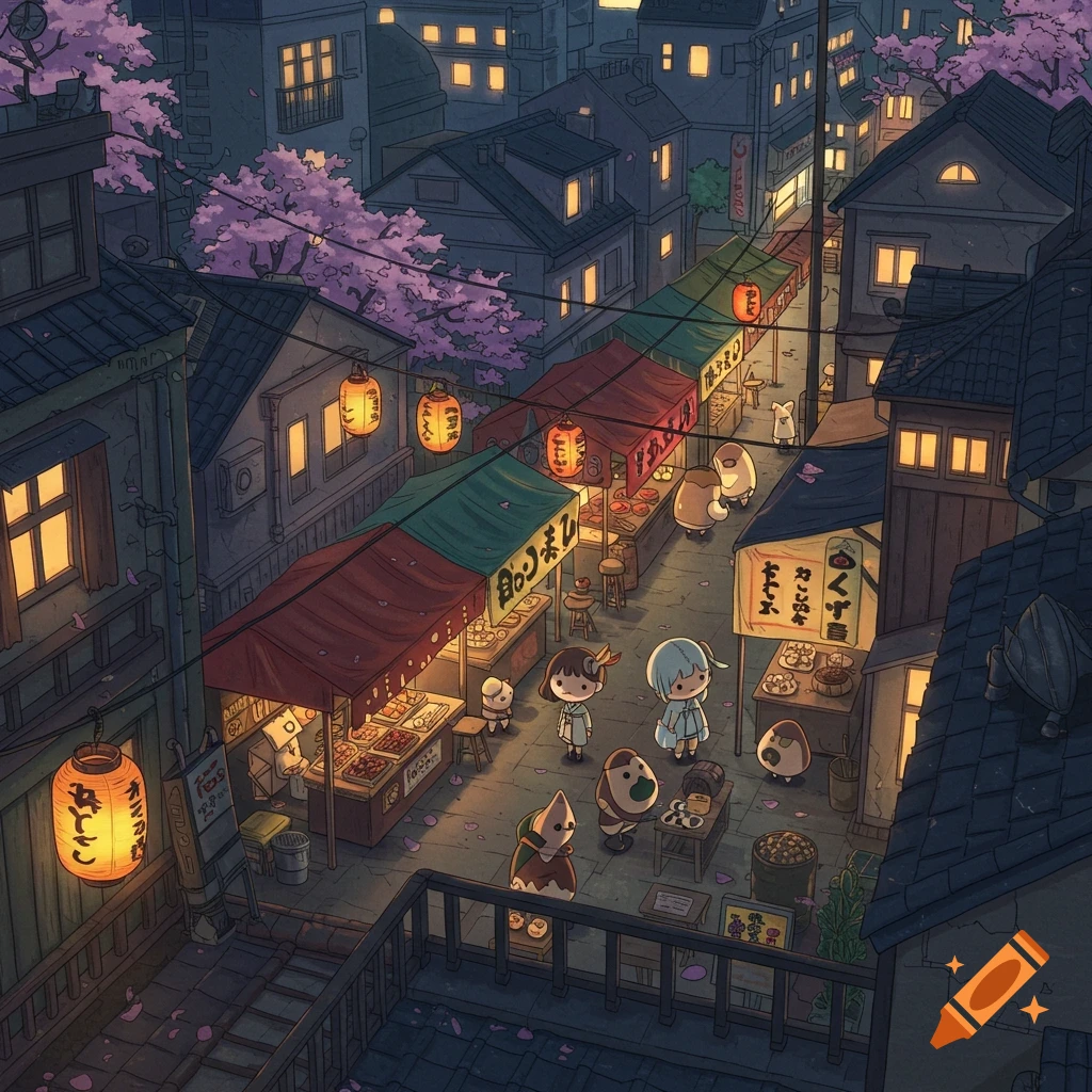 Anime-style view of a cozy Japanese night market street with stalls, lanterns, and people under cherry blossoms.