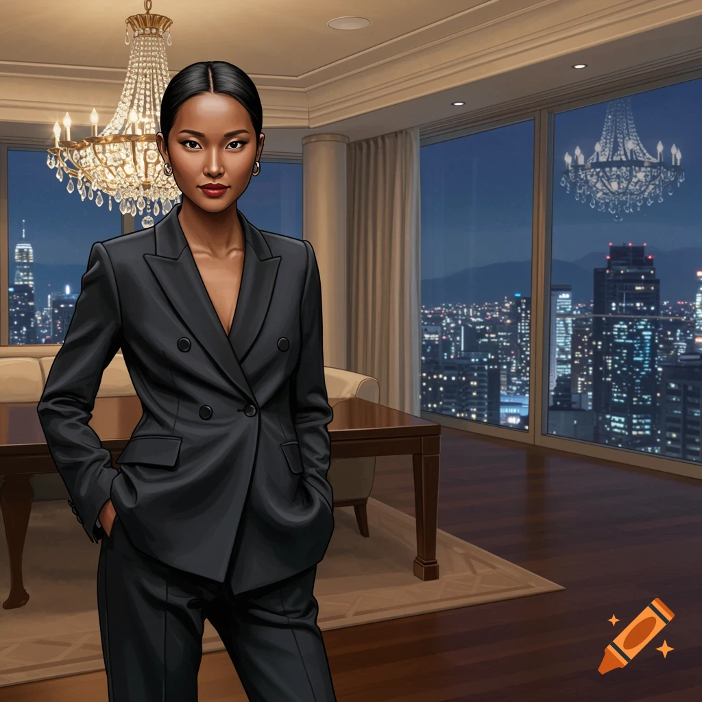 Painting of a woman in a black pantsuit in a penthouse with a city view at night.
