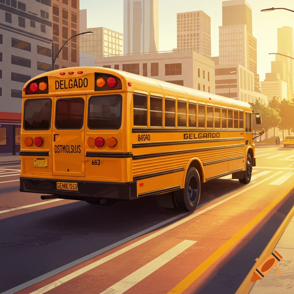 A yellow school bus driving down a city street at sunset.
