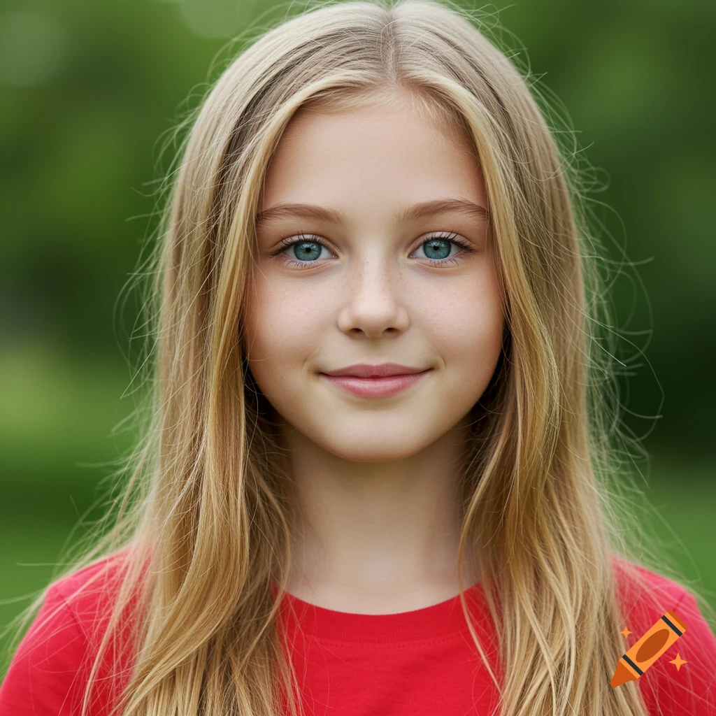 Close-up portrait of a young girl with blonde hair and blue eyes wearing a red shirt, smiling with a blurred green background.